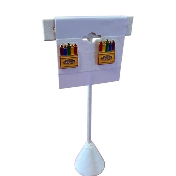 Colorful Gold Tone Crayon Box Post Earrings. - Picture 2 of 6